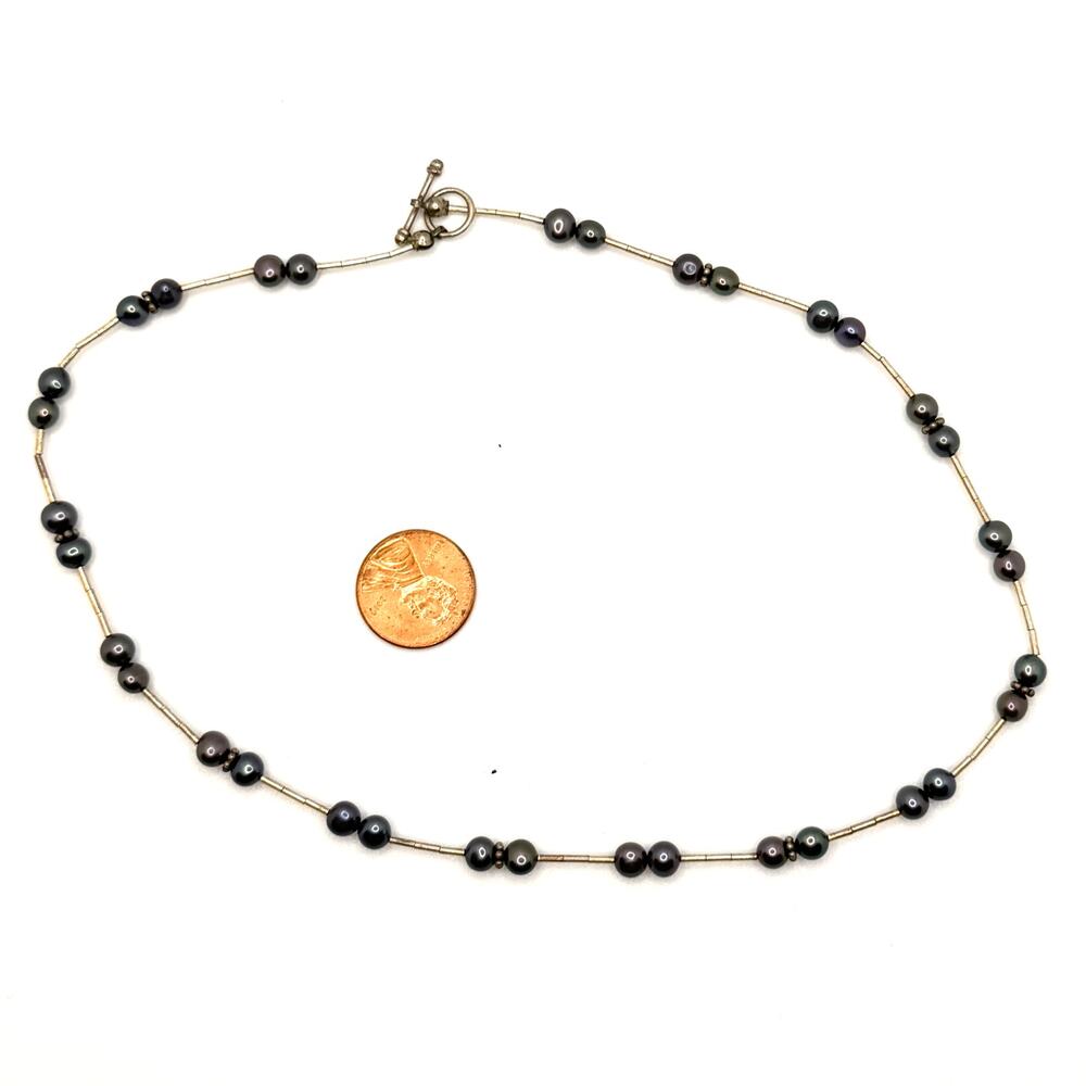Vintage 90s Silver Peacock Freshwater Pearl Liquid Silver Necklace - Picture 2 of 6